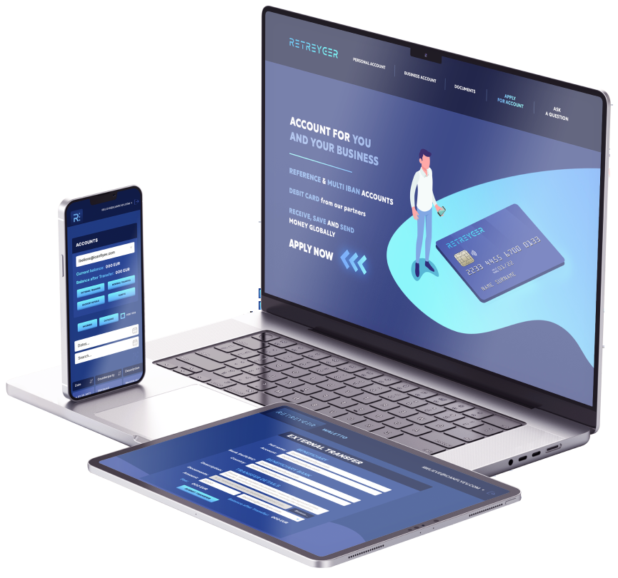 Retreyger eBanking interface on a laptop, tablet and phone