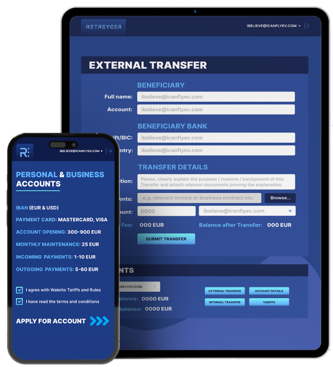Retreyger external transfer form on a tablet and personal account on a phone